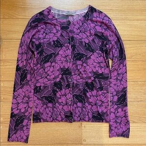 BOTTEGA VENETA Purple and Black Floral Cashmere Cardigan Small to Medium